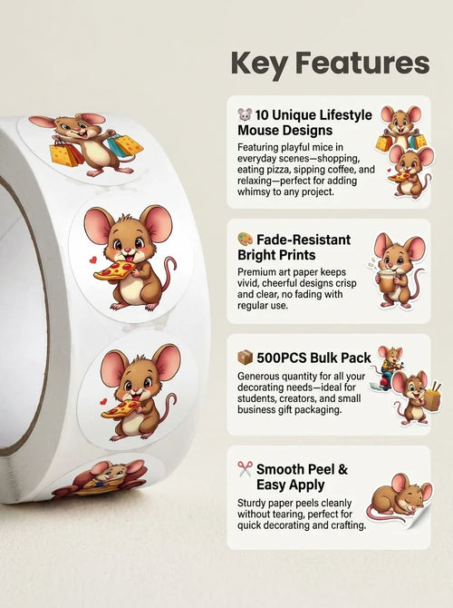 City Mouse Happy Life Stickers Roll 500Pcs | Cute Seal Labels for DIY Decor