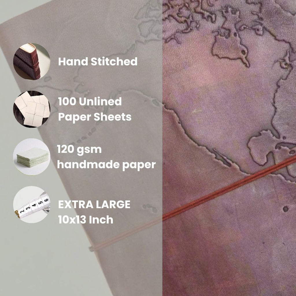 Extra Large World Map 14x11 Handmade Leather Journal